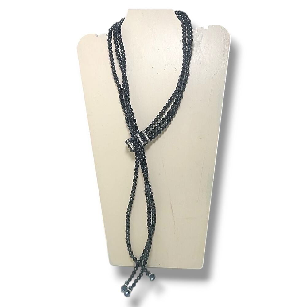 Black Bead Triple Strand Lariat Necklace White Rhinestone Accents 26" - Picture 6 of 6